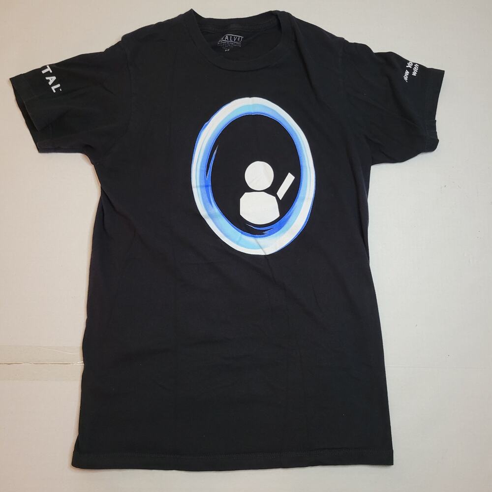 Portal Video Game T-shirt Black Blue Orange Aperture Size S Now You're Thinking